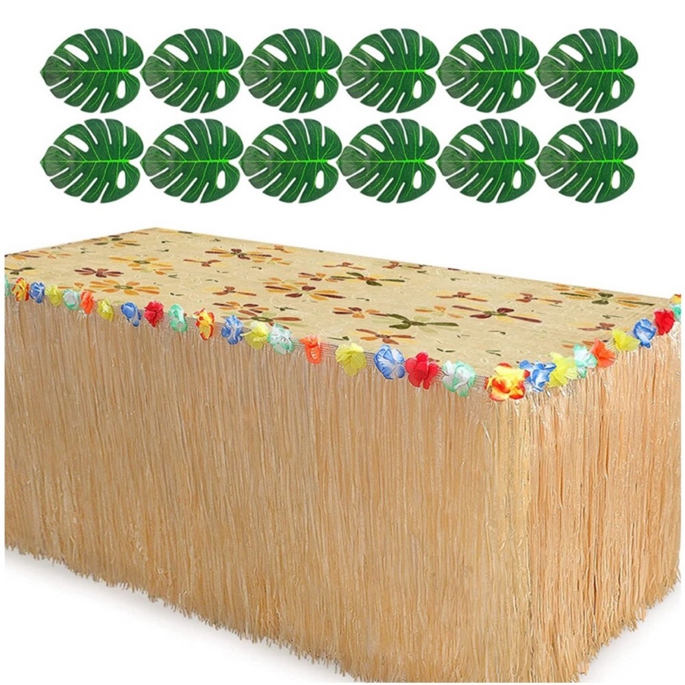 Tropical Luau Table Skirt with Hibiscus and Green Leaf Decorations Set